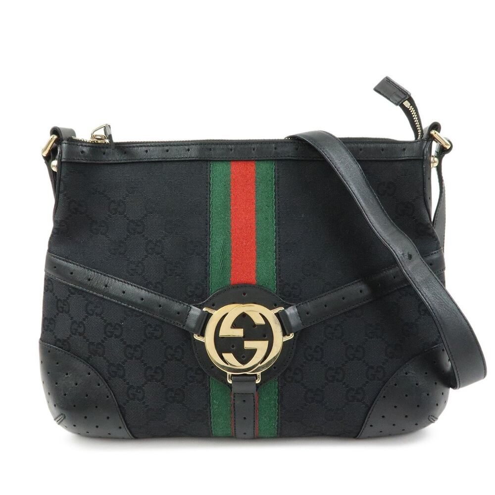 Gucci Sherry Interlocking G GG Canvas & Leather Shoulder Bag Black